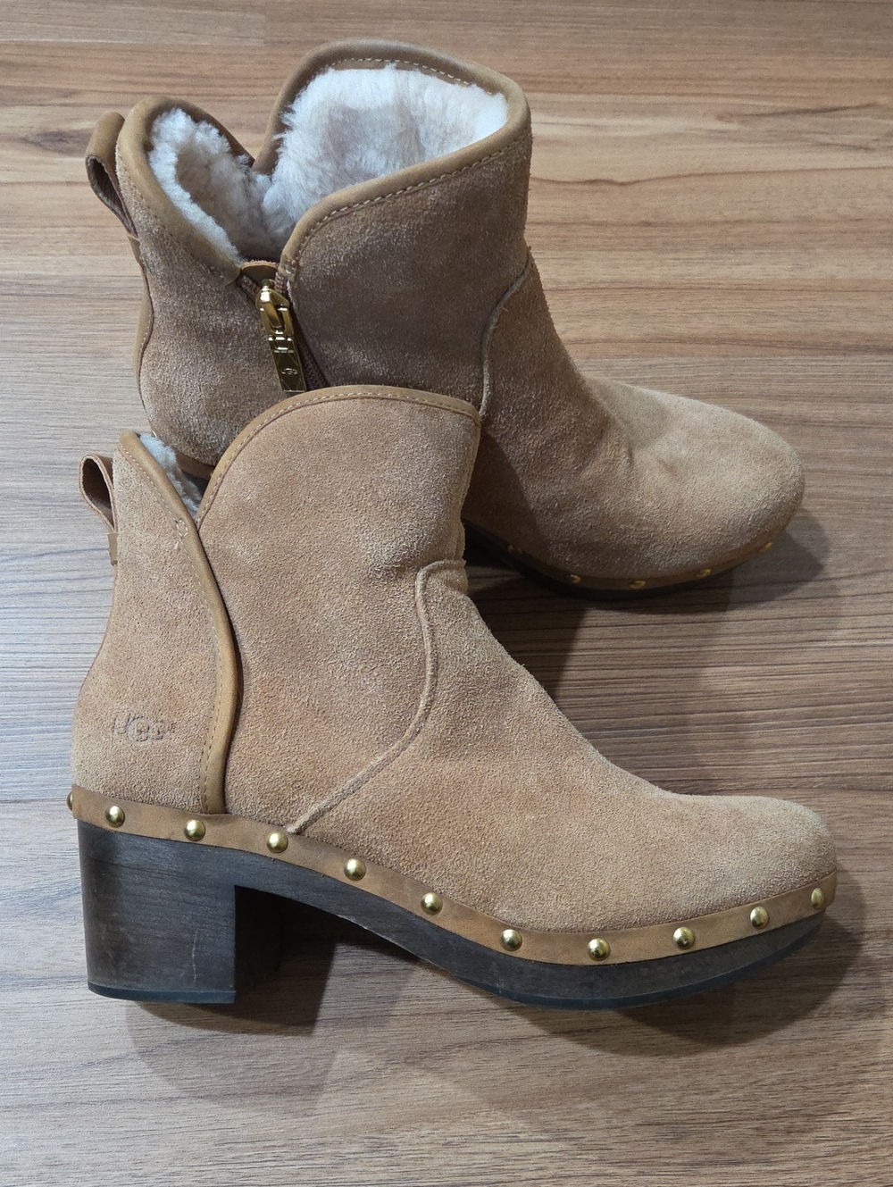 UGG Tan Suede Studded Shearling Ankle Boots
